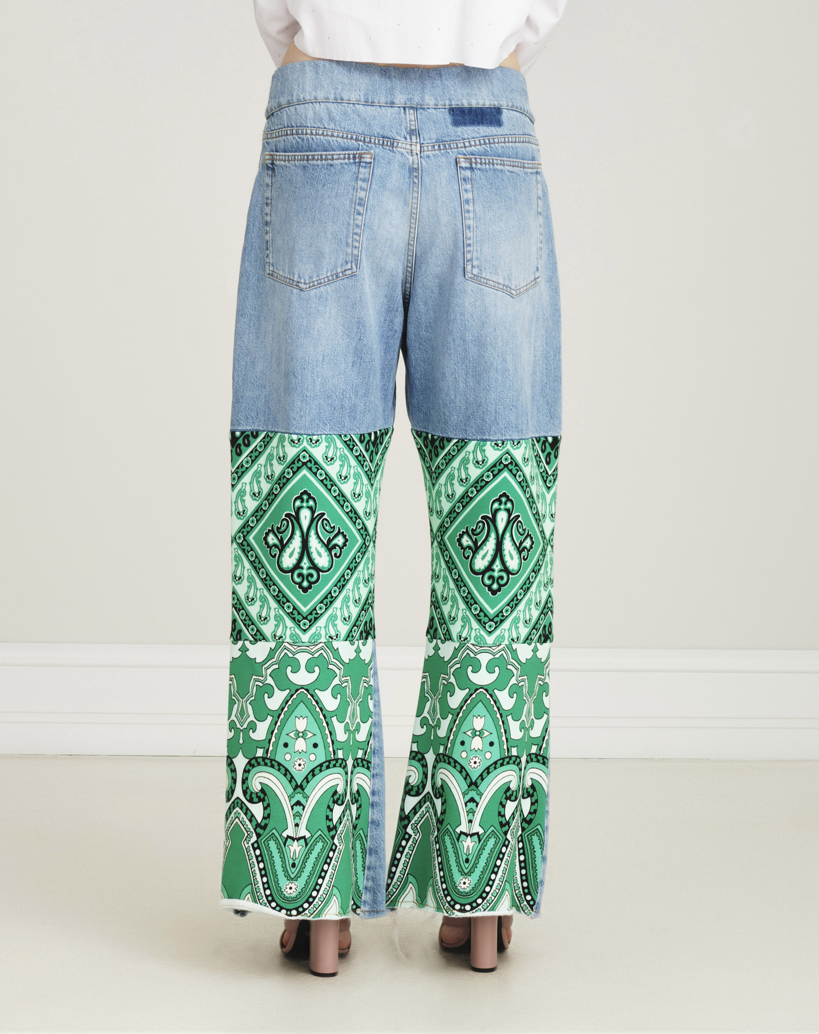 Etro- Green Paisley Patchwork Wide Leg Jeans